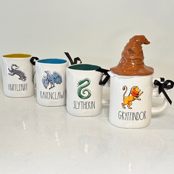 Rae Dunn Harry Potter Coffee mugs with Sorting Hat Glass Lid | Set of 4 - Picture 1 of 12